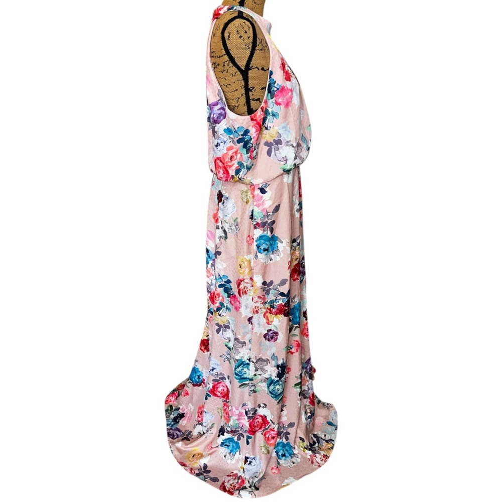 Adrianna Papell Dress Size 16 Blush Pink Floral Print Satin Jacquard Halter Gown - Picture 7 of 16